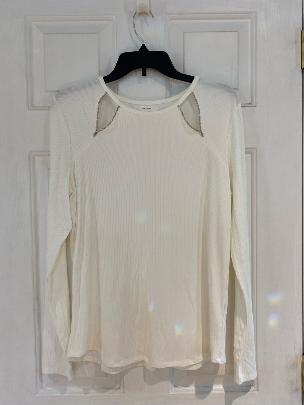 Maurices Cream Ribbed Long-Sleeve Top with Shoulder Chain Accent